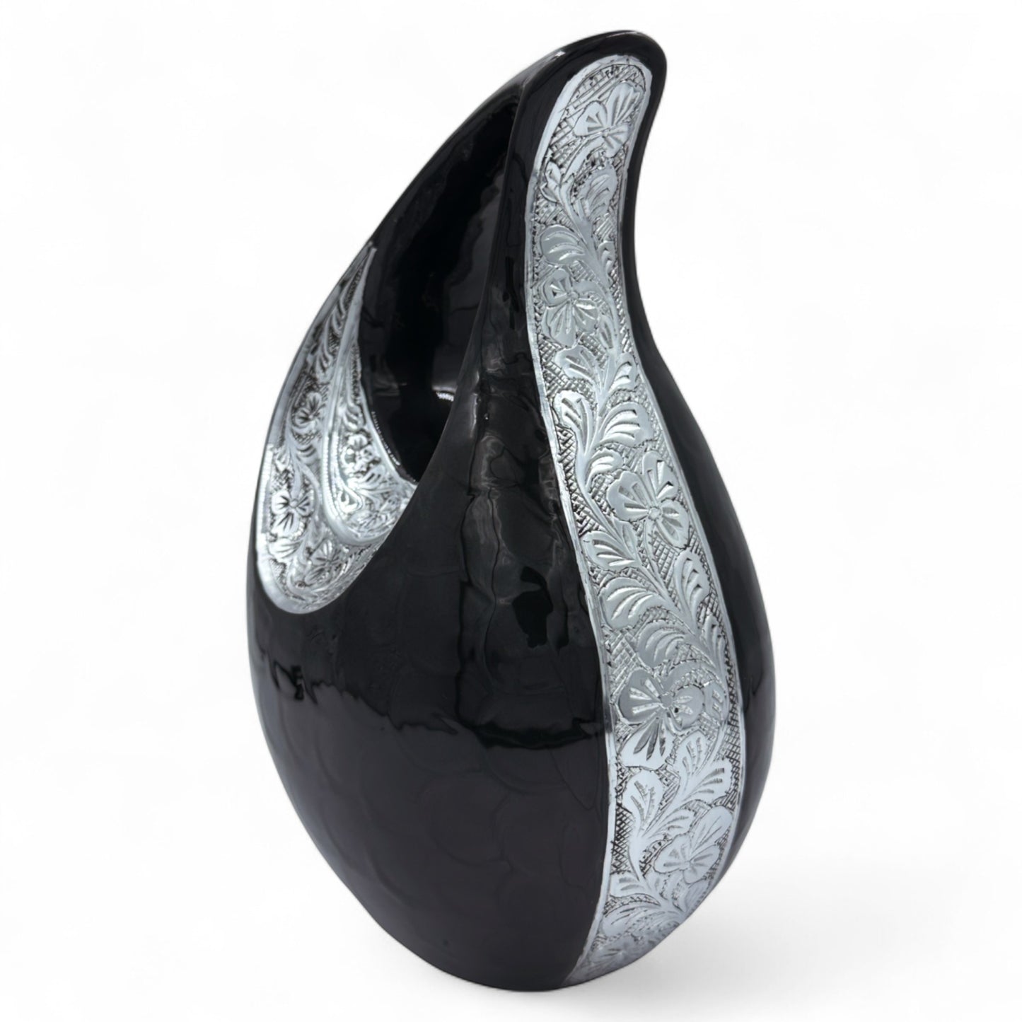 Black Teardrop Cremation Urn with Engraved Silver Floral Detail – Personalized Adult Memorial Urn for Human Ashes – Elegant Funeral Urn with Velvet Bag