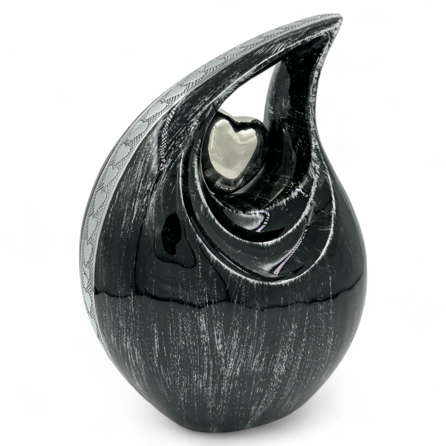 Black Teardrop Cremation Urn with Silver Heart – Personalized Adult Memorial Urn for Human Ashes – Elegant Engraved Funeral Urn with Velvet Bag