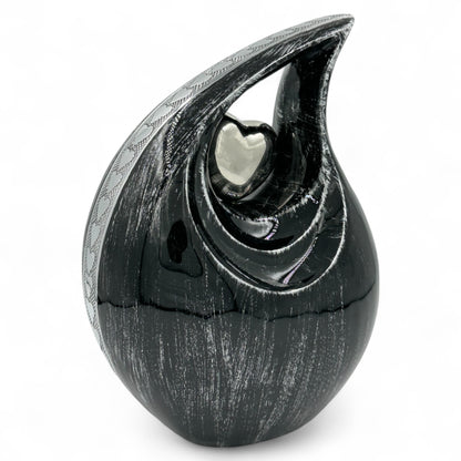 Black Teardrop Cremation Urn with Silver Heart – Personalized Adult Memorial Urn for Human Ashes – Elegant Engraved Funeral Urn with Velvet Bag