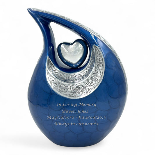 Elegant Blue Teardrop Cremation Urn for Adults with Velvet Bag – Personalized Memorial Urn