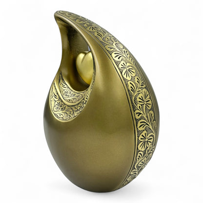 Gold Teardrop Cremation Urn with Heart – Engraved Adult Memorial Urn for Human Ashes – Personalized Funeral & Keepsake Urn with Velvet Bag