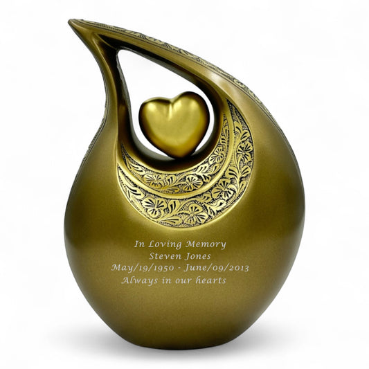 Gold Teardrop Cremation Urn with Heart – Engraved Adult Memorial Urn for Human Ashes – Personalized Funeral & Keepsake Urn with Velvet Bag