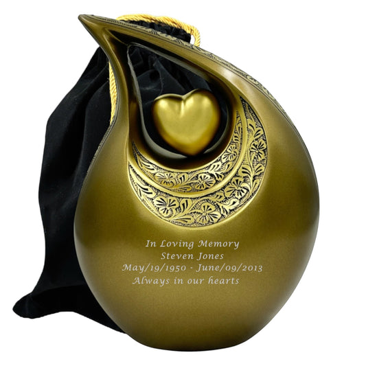 Personalized Gold Teardrop Cremation Urn with Heart – Large