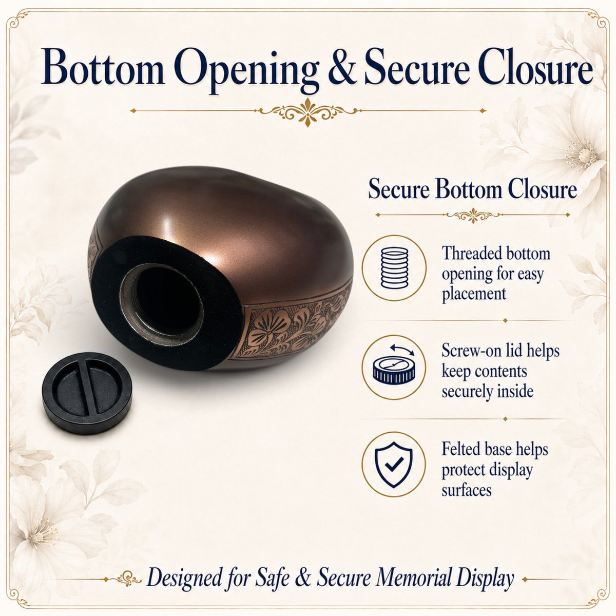 Graceful Urns bronze teardrop cremation urn showing the secure threaded bottom opening and felted base for protection