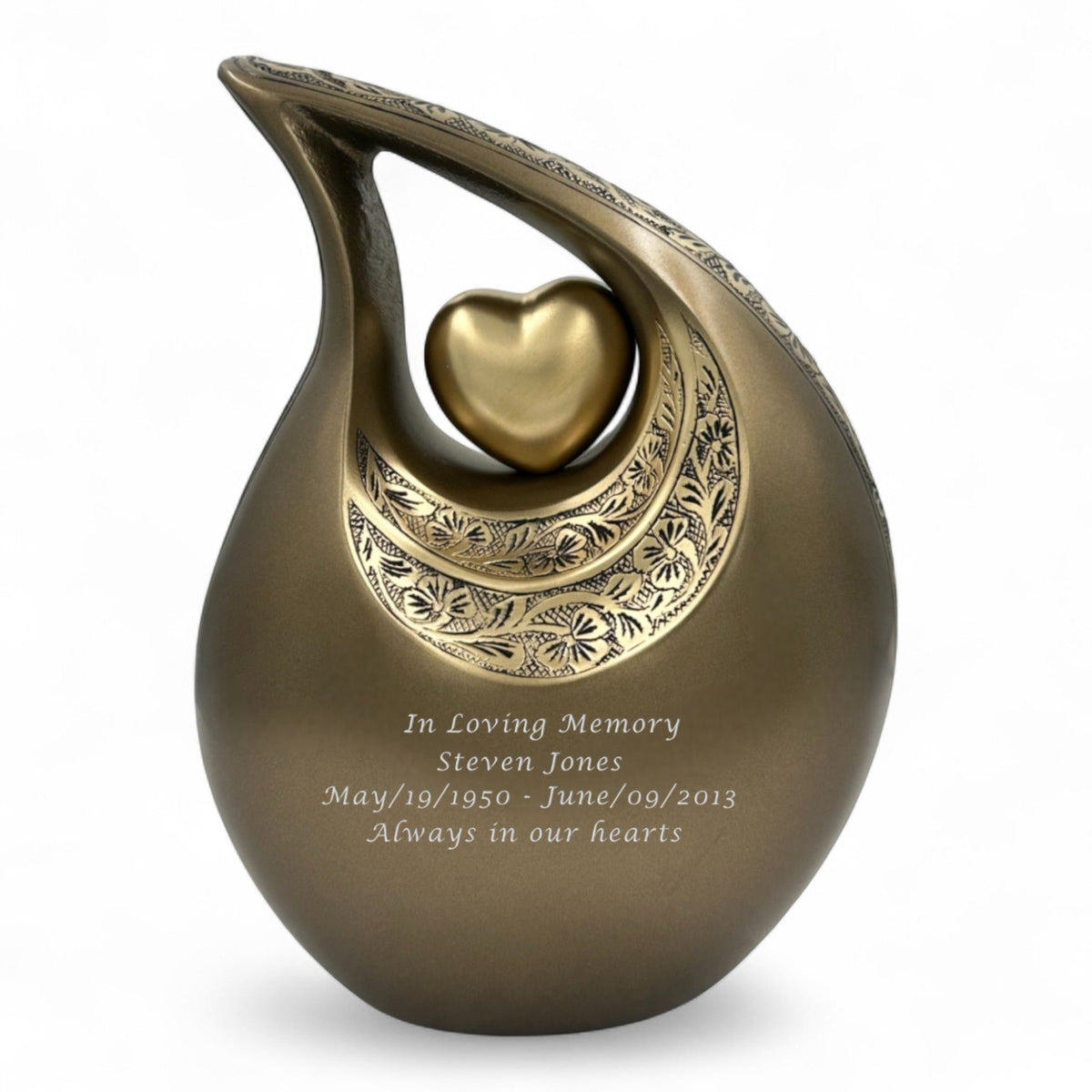 Graceful Urns brown teardrop cremation urn with floral engraving, heart centerpiece, and personalized text engraving.