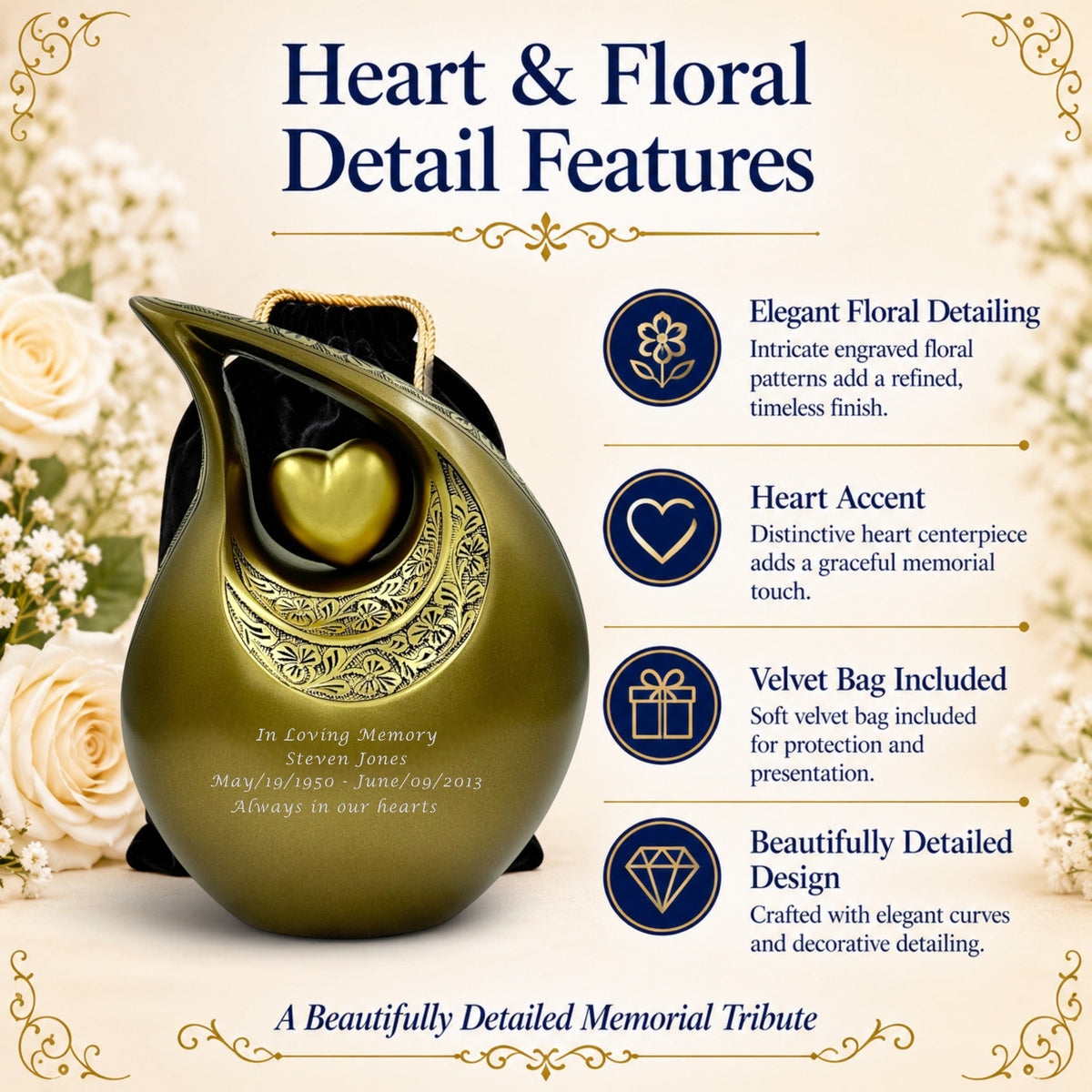 Graceful Urns gold teardrop cremation urn with floral engraving, heart centerpiece, and personalized memorial text.