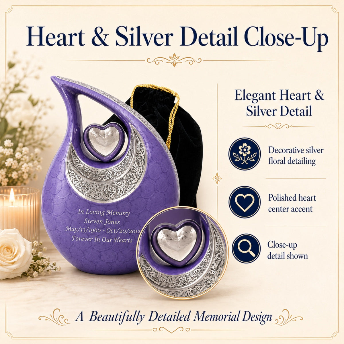 Graceful Urns purple teardrop cremation urn with silver floral engraving, heart photo centerpiece, and custom text.