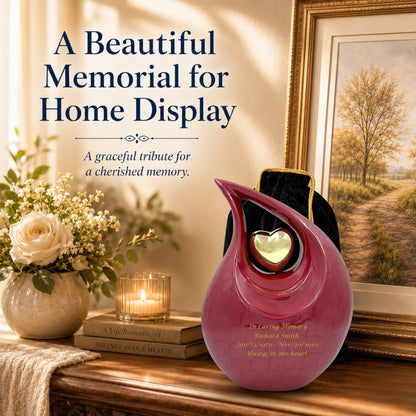 Graceful Urns red teardrop cremation urn with gold heart centerpiece and personalized engraving on a wooden table.