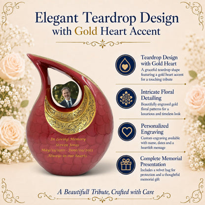 Graceful Urns red teardrop cremation urn with gold floral engraving, personalized photo heart, and custom text.