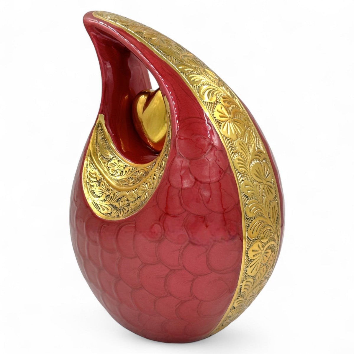 Graceful Urns red teardrop cremation urn featuring gold floral engraving and a central heart for photo personalization.
