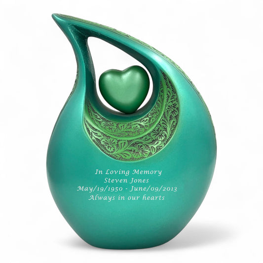 Green Teardrop Cremation Urn with Heart – Engraved Adult Urn for Human Ashes – Personalized Memorial & Funeral Keepsake Urn with Velvet Bag