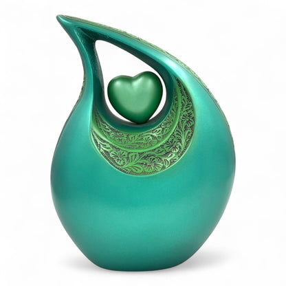 Green Teardrop Cremation Urn with Heart – Engraved Adult Urn for Human Ashes – Personalized Memorial & Funeral Keepsake Urn with Velvet Bag