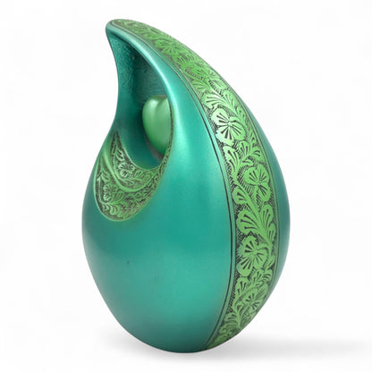 Green Teardrop Cremation Urn with Heart – Engraved Adult Urn for Human Ashes – Personalized Memorial & Funeral Keepsake Urn with Velvet Bag