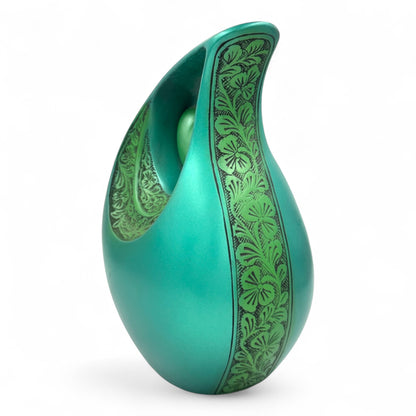 Green Teardrop Cremation Urn with Heart – Engraved Adult Urn for Human Ashes – Personalized Memorial & Funeral Keepsake Urn with Velvet Bag