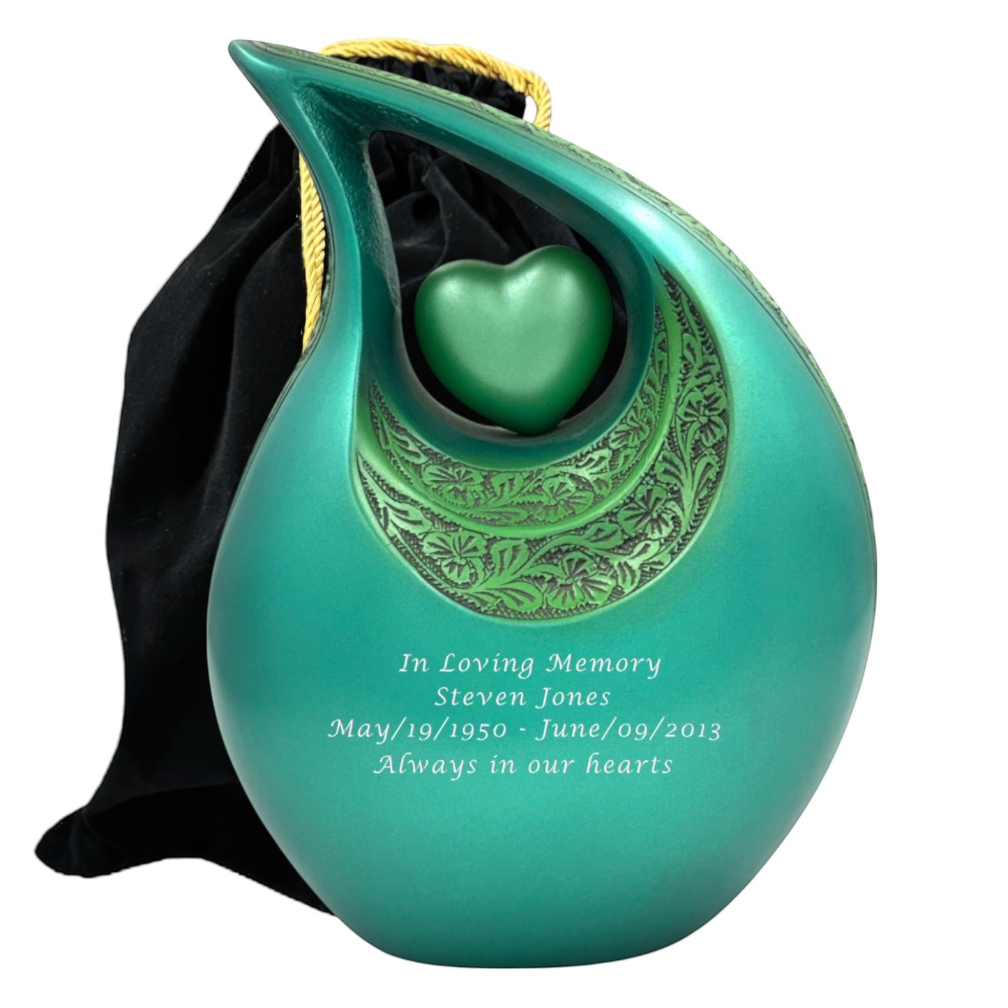 Personalized Green Teardrop Cremation Urn with Heart – Large