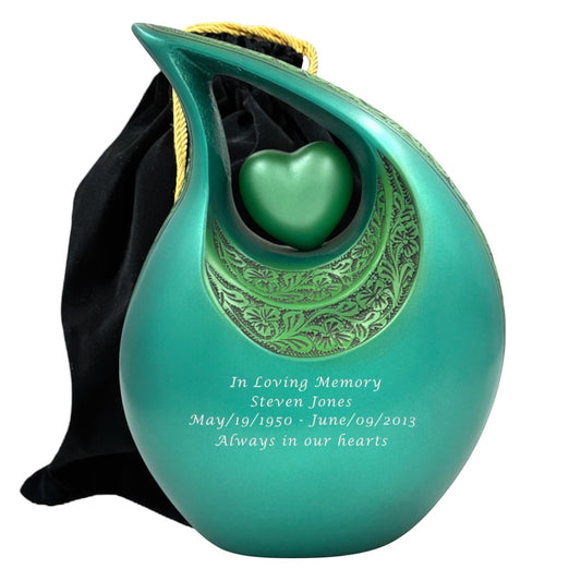 Personalized Green Teardrop Cremation Urn with Heart – Large