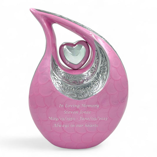 Pink Teardrop Cremation Urn with Engraved Silver Detail and Heart – Personalized Adult Memorial Urn for Human Ashes – Elegant Funeral Urn with Velvet Bag