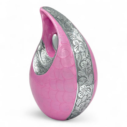 Pink Teardrop Cremation Urn with Engraved Silver Detail and Heart – Personalized Adult Memorial Urn for Human Ashes – Elegant Funeral Urn with Velvet Bag