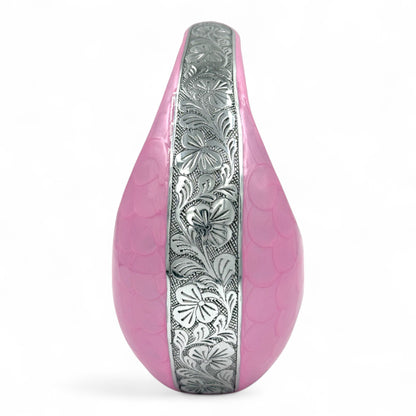 Pink Teardrop Cremation Urn with Engraved Silver Detail and Heart – Personalized Adult Memorial Urn for Human Ashes – Elegant Funeral Urn with Velvet Bag