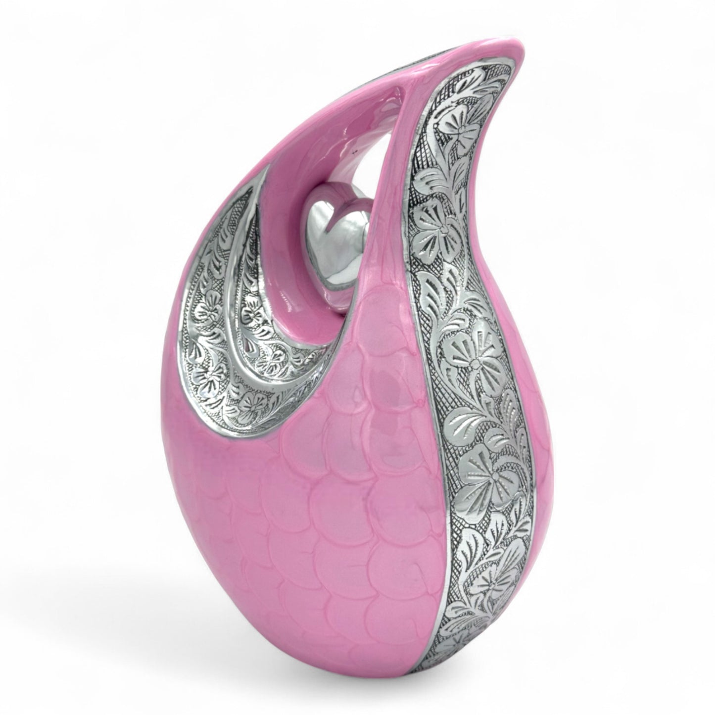Pink Teardrop Cremation Urn with Engraved Silver Detail and Heart – Personalized Adult Memorial Urn for Human Ashes – Elegant Funeral Urn with Velvet Bag
