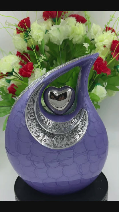 Purple Teardrop Cremation Urn with Engraved Silver Detail and Heart – Personalized Adult Memorial Urn for Human Ashes – Elegant Funeral Urn with Velvet Bag