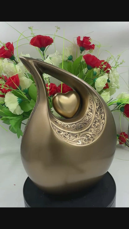 Brown Teardrop Cremation Urn with Heart – Engraved Personalized Urn for Human Ashes – Adult Memorial & Funeral Urn – Elegant Keepsake Urn