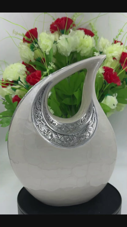 White Teardrop Cremation Urn with Engraved Silver Floral Detail – Personalized Adult Memorial Urn for Human Ashes – Elegant Funeral Urn with Velvet Bag