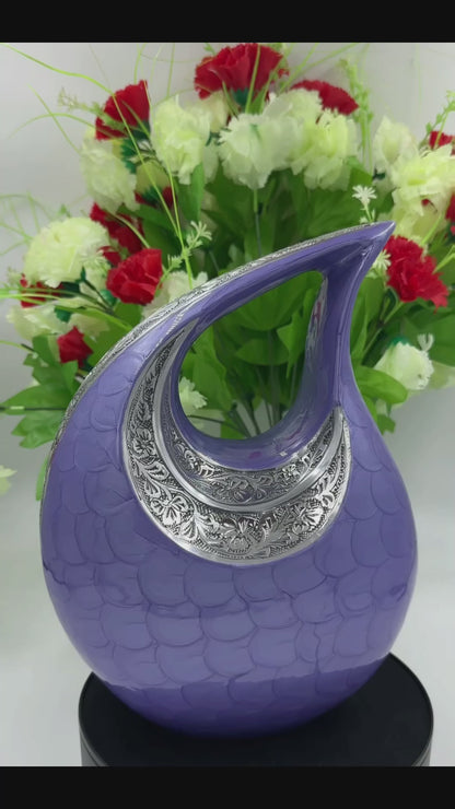 Purple Teardrop Cremation Urn with Engraved Silver Floral Detail – Personalized Adult Memorial Urn for Human Ashes – Elegant Funeral Urn with Velvet Bag