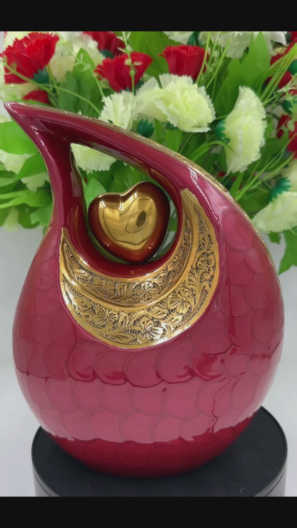 Red Teardrop Cremation Urn with Gold Heart – Personalized Memorial Urn for Adult Ashes – Engraved Funeral Urn – Elegant Keepsake