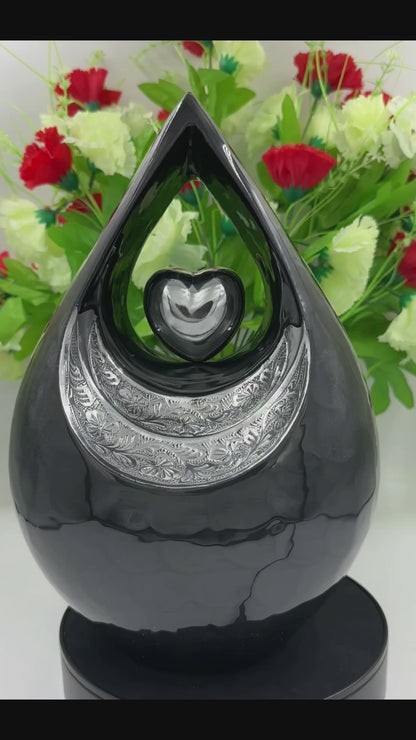 Personalized Black Teardrop Cremation Urn for Human Ashes – Adult Memorial Urn with Velvet Bag, 200 Cubic Inches