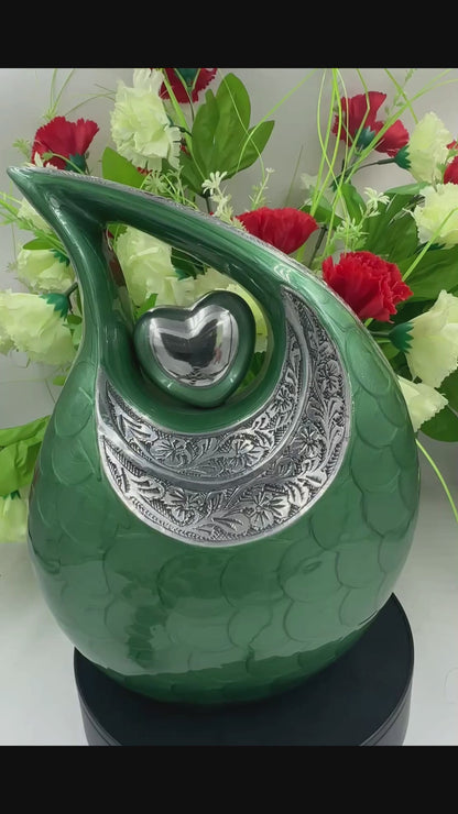 Green Teardrop Cremation Urn with Engraved Silver Detail and Heart – Personalized Adult Memorial Urn for Human Ashes – Elegant Funeral Urn with Velvet Bag
