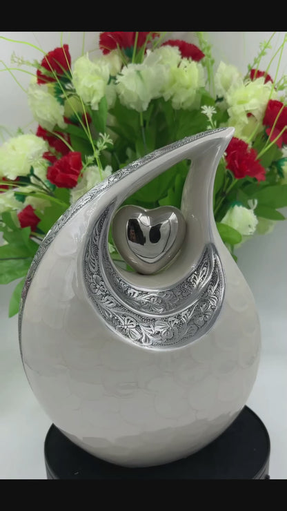 White Teardrop Cremation Urn with Engraved Silver Detail and Heart – Personalized Adult Memorial Urn for Human Ashes – Elegant Funeral Urn with Velvet Bag