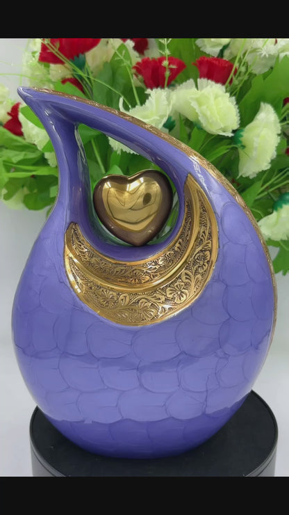 Purple Teardrop Cremation Urn with Gold Heart — Hand-Engraved Floral Design — Personalized Adult Memorial Urn for Human Ashes
