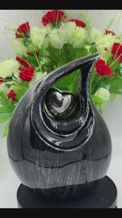Black Teardrop Cremation Urn with Silver Heart – Personalized Adult Memorial Urn for Human Ashes – Elegant Engraved Funeral Urn with Velvet Bag