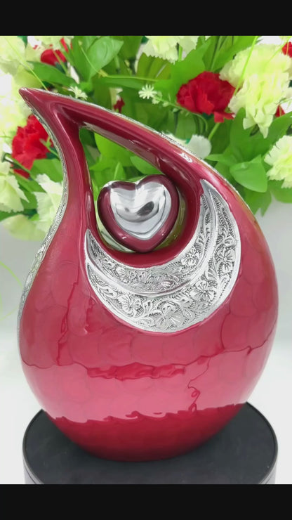 Red Teardrop Cremation Urn with Engraved Silver Detail and Heart – Personalized Adult Memorial Urn for Human Ashes – Elegant Funeral Urn with Velvet Bag