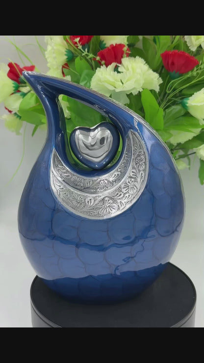 Elegant Blue Teardrop Cremation Urn for Adults with Velvet Bag – Personalized Memorial Urn