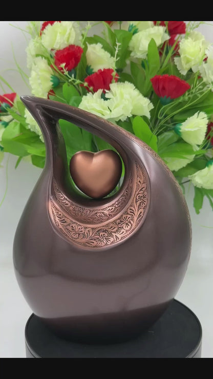 Bronze Teardrop Cremation Urn with Heart – Engraved Floral Memorial Urn for Human Ashes – Personalized Adult Funeral Urn with Velvet Bag