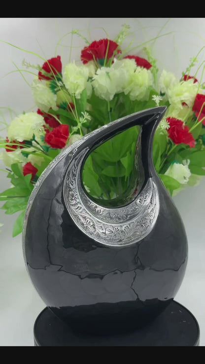 Black Teardrop Cremation Urn with Engraved Silver Floral Detail – Personalized Adult Memorial Urn for Human Ashes – Elegant Funeral Urn with Velvet Bag