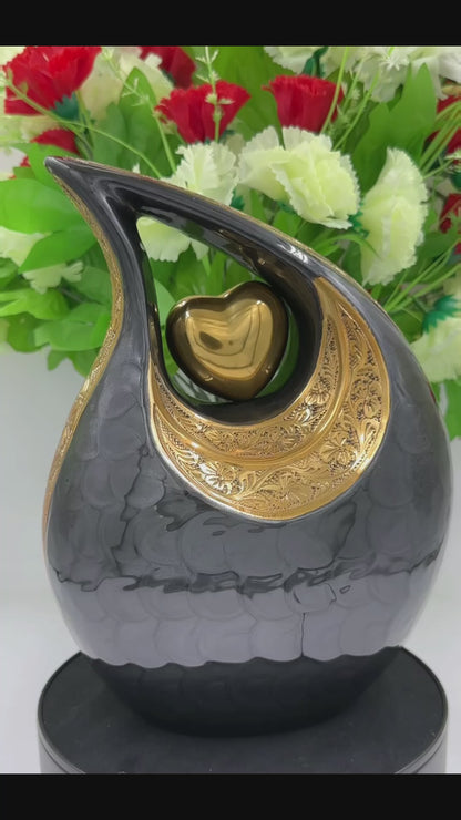 Black Adult Teardrop Cremation Urn – Personalized Funeral Urn with Velvet Bag for Human Ashes