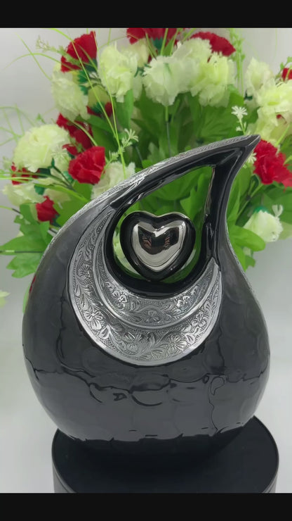 Black Teardrop Cremation Urn with Engraved Silver Detail and Heart – Personalized Adult Memorial Urn for Human Ashes – Elegant Funeral Urn with Velvet Bag