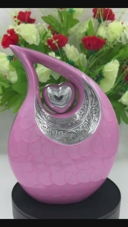 Pink Teardrop Cremation Urn with Engraved Silver Detail and Heart – Personalized Adult Memorial Urn for Human Ashes – Elegant Funeral Urn with Velvet Bag