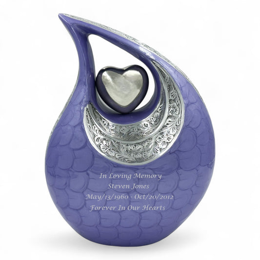 Purple Teardrop Cremation Urn with Engraved Silver Detail and Heart – Personalized Adult Memorial Urn for Human Ashes – Elegant Funeral Urn with Velvet Bag