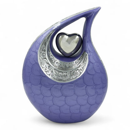 Purple Teardrop Cremation Urn with Engraved Silver Detail and Heart – Personalized Adult Memorial Urn for Human Ashes – Elegant Funeral Urn with Velvet Bag
