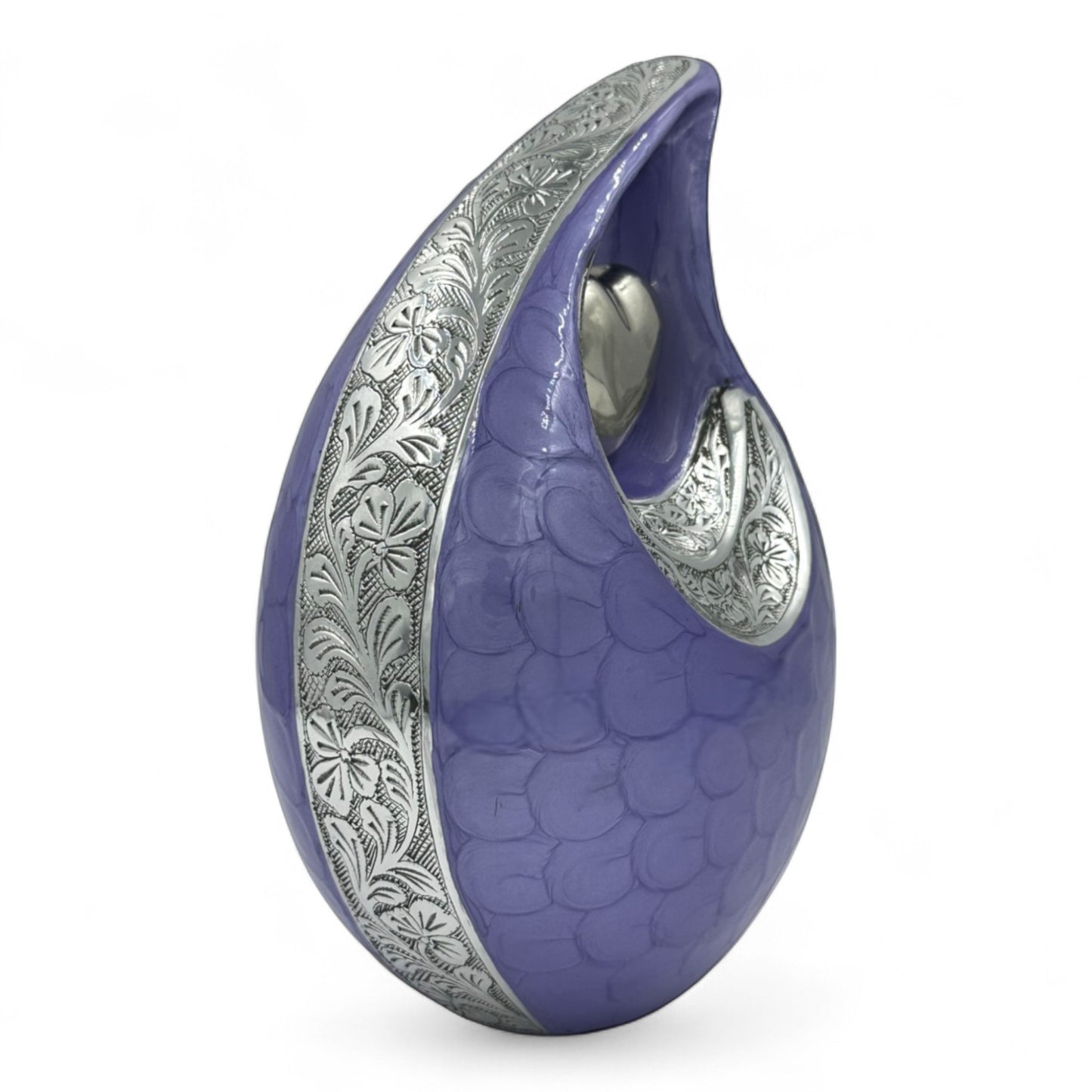Purple Teardrop Cremation Urn with Engraved Silver Detail and Heart – Personalized Adult Memorial Urn for Human Ashes – Elegant Funeral Urn with Velvet Bag