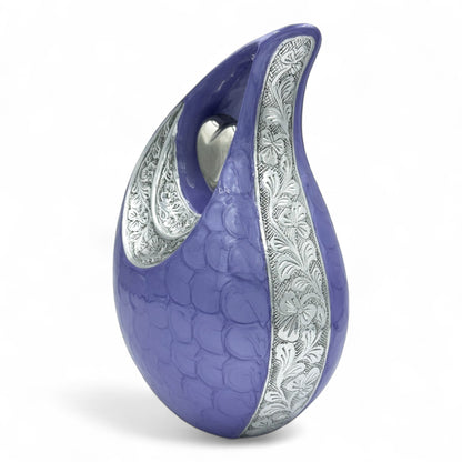 Purple Teardrop Cremation Urn with Engraved Silver Detail and Heart – Personalized Adult Memorial Urn for Human Ashes – Elegant Funeral Urn with Velvet Bag