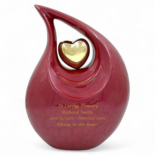 Red Teardrop Cremation Urn with Gold Heart – Hand Engraved Memorial Urn – Personalized Adult Funeral Urn for Human Ashes