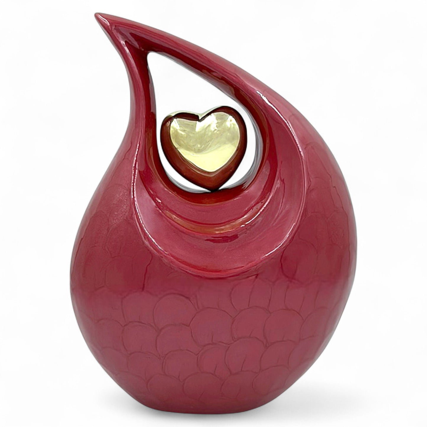 Red Teardrop Cremation Urn with Gold Heart – Hand Engraved Memorial Urn – Personalized Adult Funeral Urn for Human Ashes