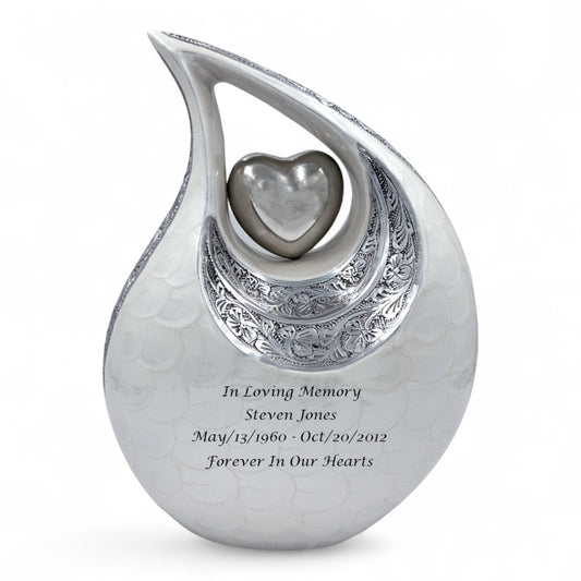 White Teardrop Cremation Urn with Engraved Silver Detail and Heart – Personalized Adult Memorial Urn for Human Ashes – Elegant Funeral Urn with Velvet Bag