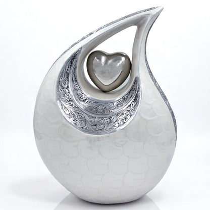 White Teardrop Cremation Urn with Engraved Silver Detail and Heart – Personalized Adult Memorial Urn for Human Ashes – Elegant Funeral Urn with Velvet Bag
