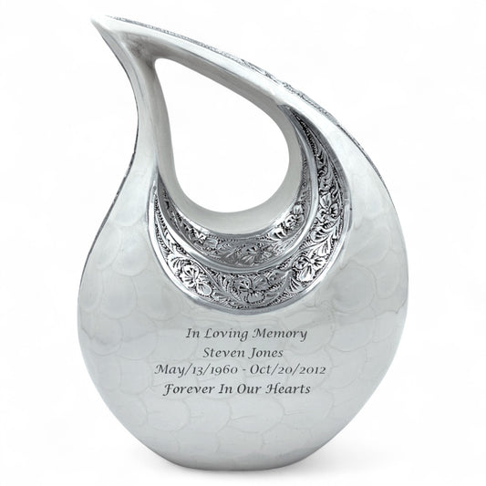 White Teardrop Cremation Urn with Engraved Silver Floral Detail – Personalized Adult Memorial Urn for Human Ashes – Elegant Funeral Urn with Velvet Bag